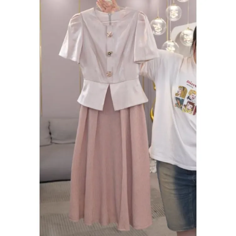 唐熹2025夏季新款【DD-X2573】轻奢法式高级感显瘦粉色拼接连衣裙