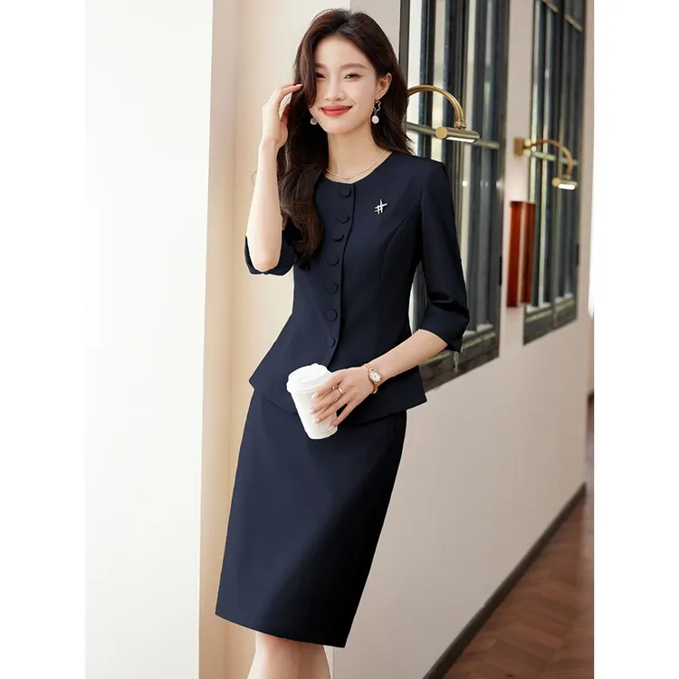 深蓝色职业套装女2025新款金店珠宝店前台工作夏季职业装女款薄款