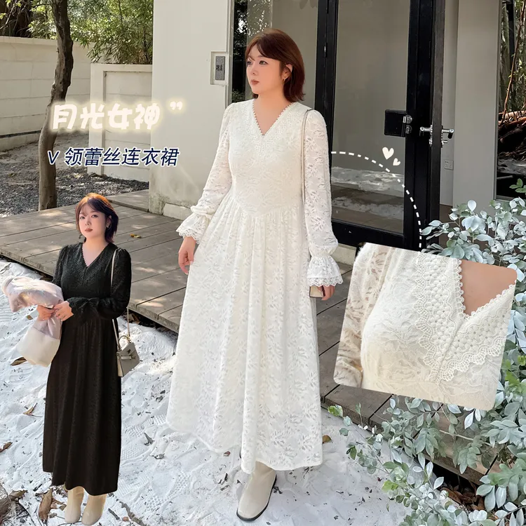大码胖MMI法式冬季新款白月光加绒蕾丝长款收腰显瘦连衣裙