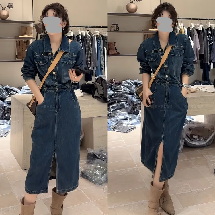 2025秋冬新款复古纯欲慵懒风气质韩版翻领系扣长袖时尚牛仔连衣裙