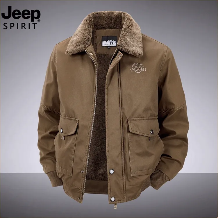 JEEPSPIRIT吉普秋冬季飞行夹克男士加绒加厚宽松休闲翻领棉衣外套