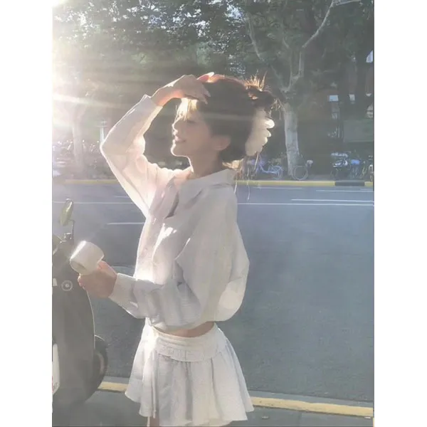 韩系夏季甜辣妹套装女气质翻领条纹衬衫搭配半身裙时尚套装