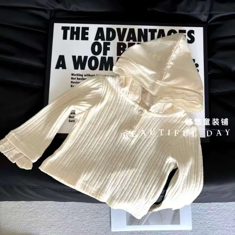 女童针织衫秋季新款长袖女宝宝蕾丝连帽长袖百搭毛衣
