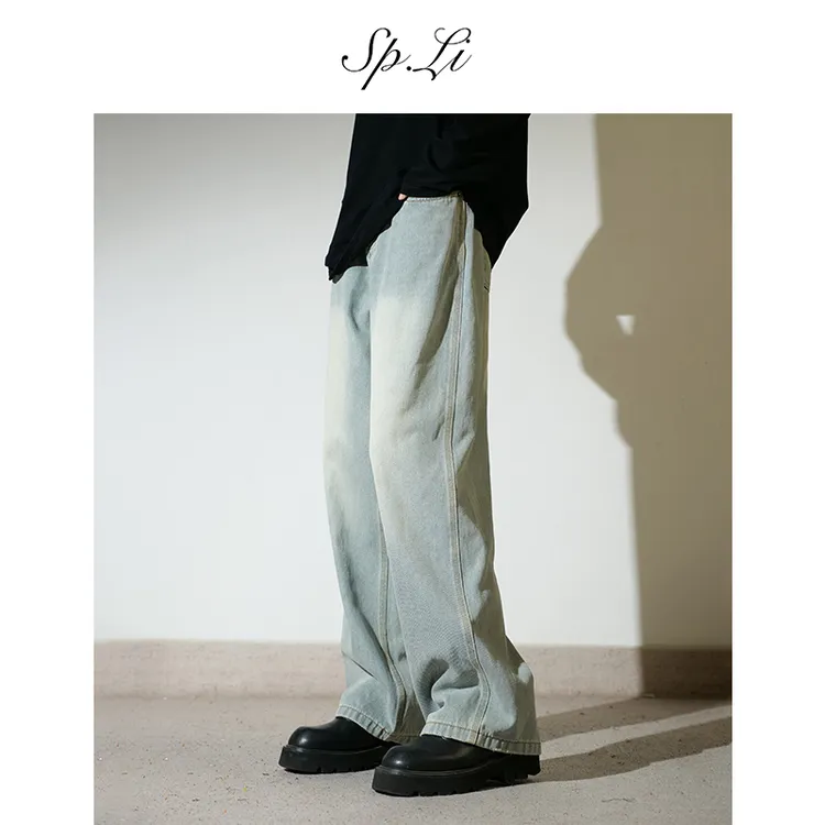 【SPLi】【三本针冰川蓝牛】宽松直筒美式复古牛仔裤男秋冬阔腿休闲裤