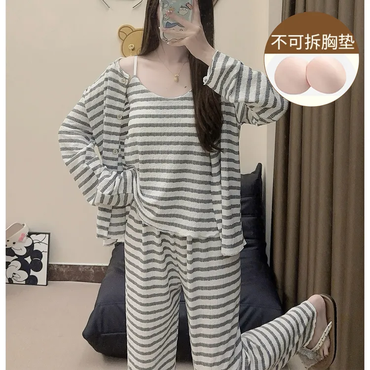 条纹睡衣女春秋季长袖带胸垫三件套薄款秋天2025新款可外穿家居服