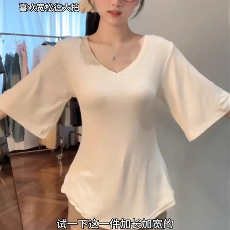 V领掐腰五分袖冰丝短袖t恤女夏季新款显瘦遮肉宽松慵懒风百搭上衣