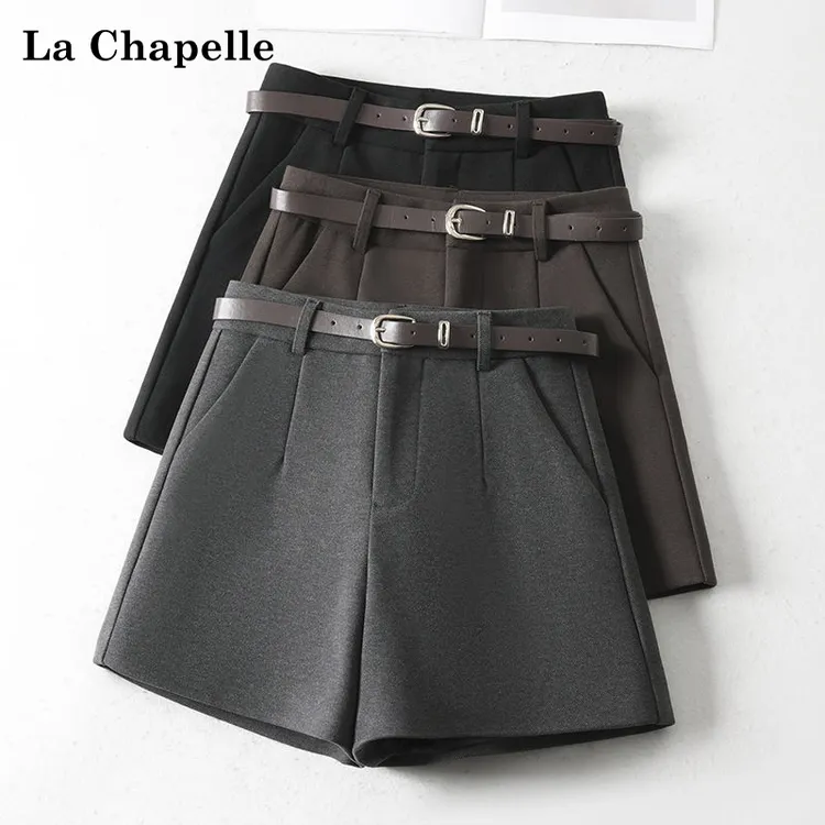 La Chapelle/拉夏贝尔黑色靴裤女装秋冬新款高腰毛呢短裤阔腿裤子