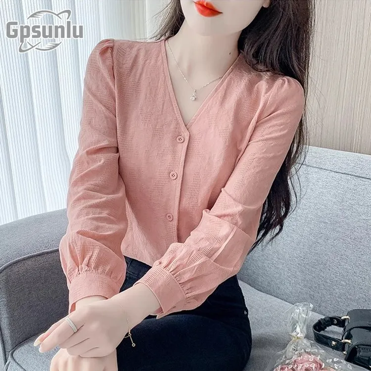 gpsunlu秋季新款女装薄款上衣领提花高级感衬衫女长袖洋派小衫