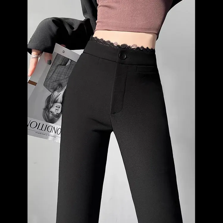2025黑色马蹄西装裤女时尚蕾丝拼接高腰修身垂坠感微喇裤