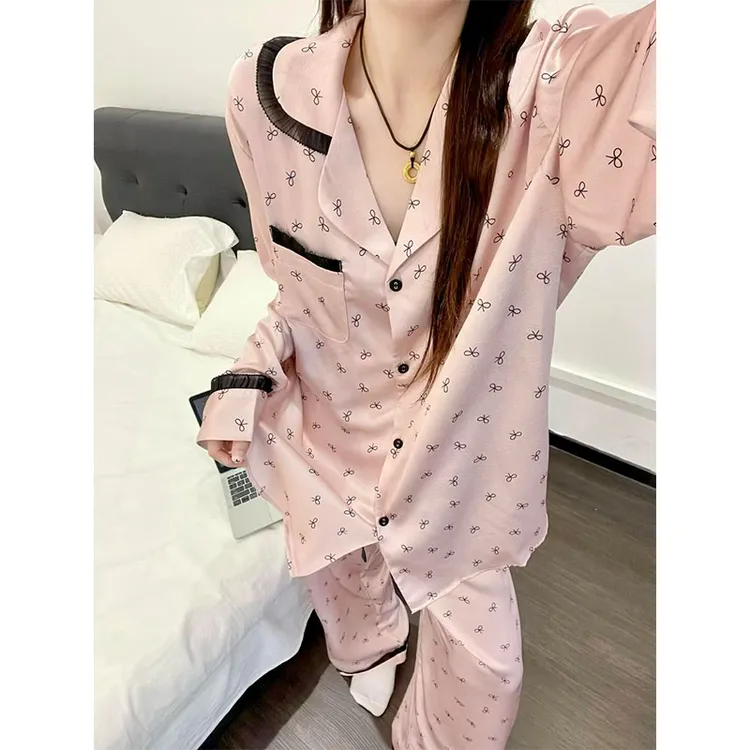 韩系甜美玫瑰粉冰丝睡衣女春秋季蝴蝶结蕾丝边长袖长裤家居服套装