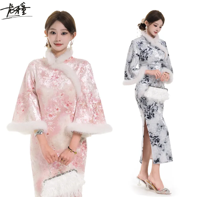 龙牙童推荐【东方韵】春秋冬新中式民国风加绒改良旗袍中袖长款显瘦