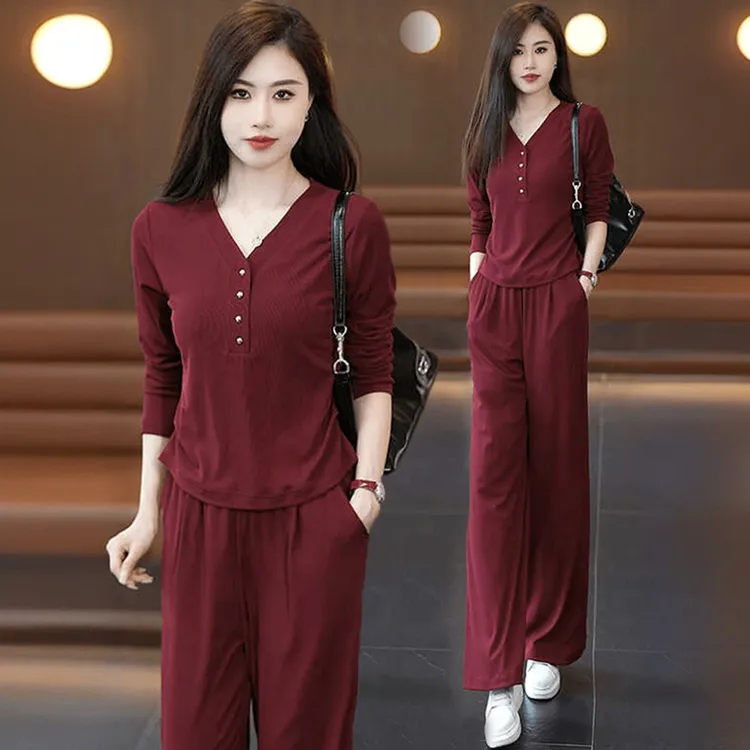 拉夏贝尔时尚套装女2025秋季新款显瘦减龄长袖阔腿裤休闲两件套