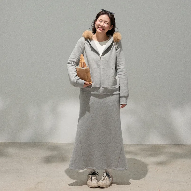 张大人【半岛松茶】大码女装微胖妹妹连帽外套鱼尾半身裙时髦套装