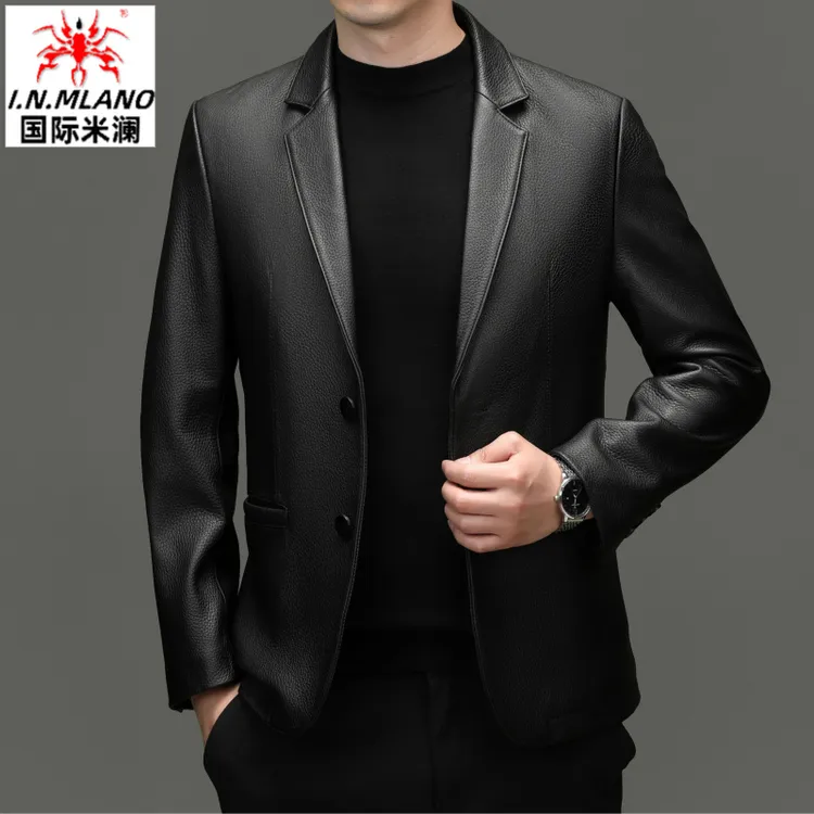 春秋季真皮皮衣男士修身型皮西装韩版商务皮夹克西服外套薄款上衣