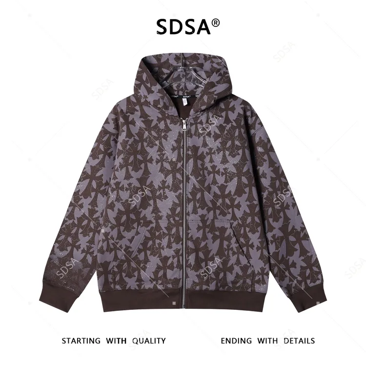 SDSA男士秋冬新款痞帅男装满天星撞色十字拉链连帽卫衣百搭外套潮