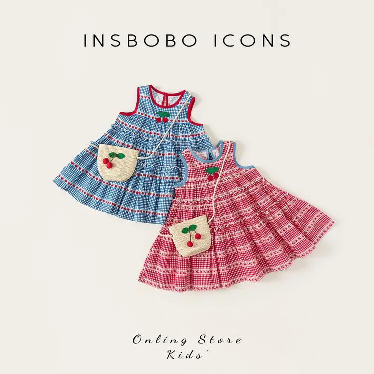 INSbobo儿童裙子洋气夏季新款女童连衣裙宝宝蓝格子XQ24503A