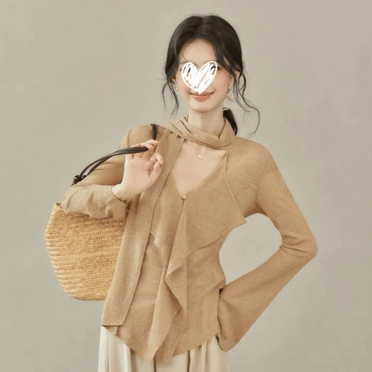 小众独特设计感飘带不规则V领长袖打底衫女2025秋季简约百搭上衣