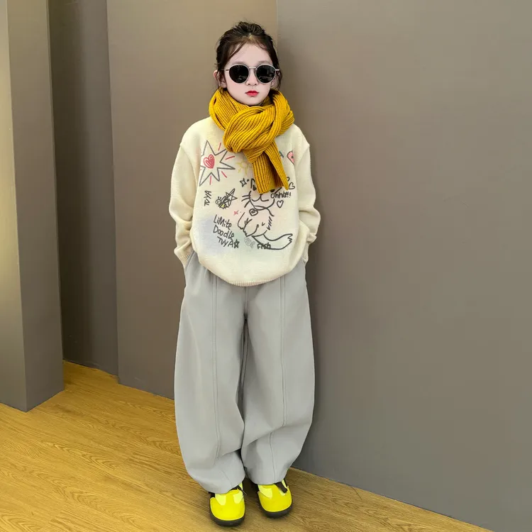 女童秋冬装毛衣套装2025新款儿童秋季韩系针织上衣女孩阔腿裤套装