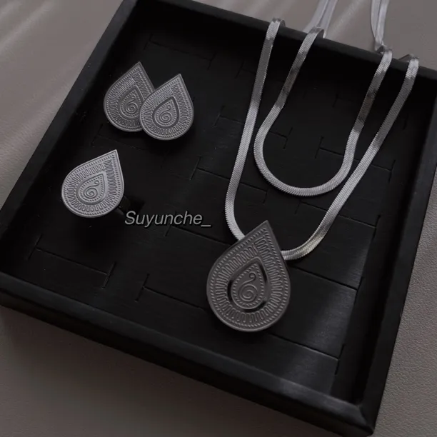 钛钢项链 Suyunche2843银色民族风双层水滴吊坠项链三件套