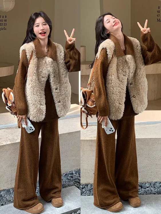 大码胖mm韩系叠穿设计马甲针织长袖上衣加咖色阔腿长裤三件套女装