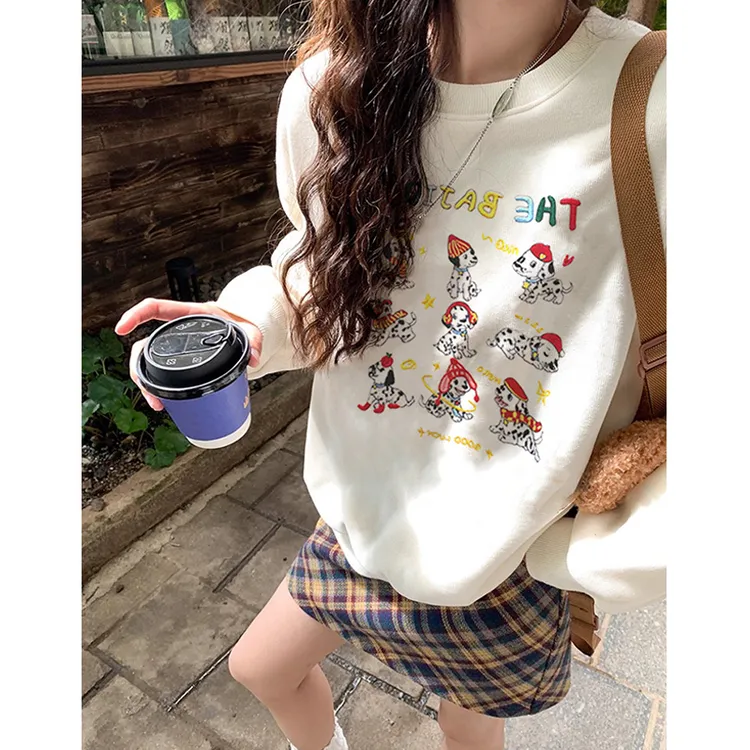 杏色卫衣女2025新款爆款春秋款薄款复古无帽圆领套头宽松卡通上衣
