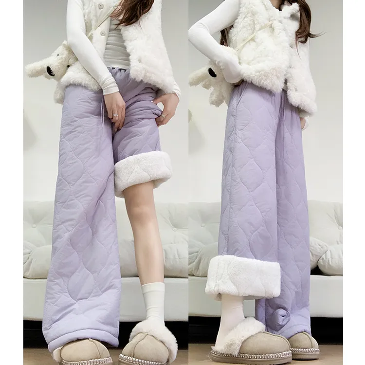 紫色羊羔绒棉裤女外穿2025秋冬东北加绒加厚保暖防寒裤拼接阔腿裤