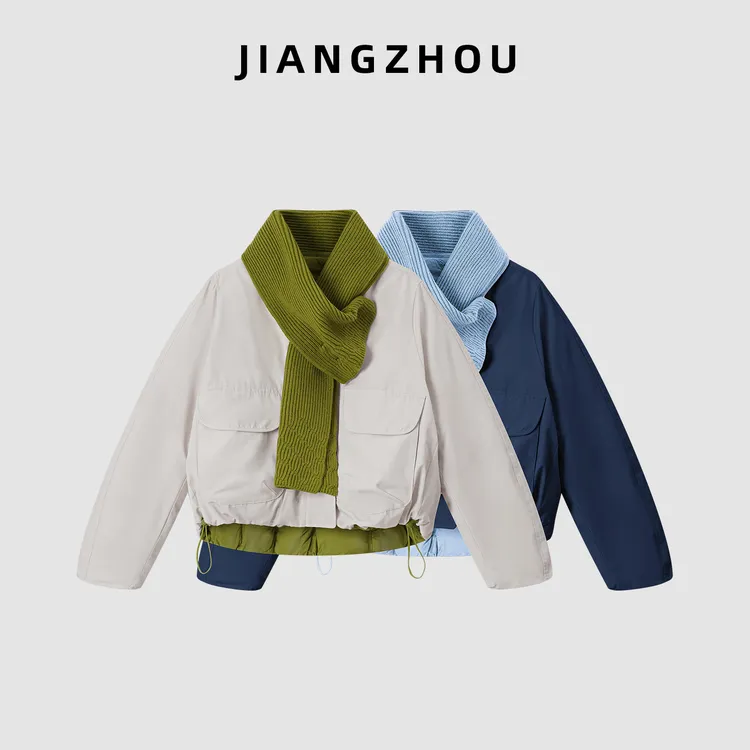 江洲【双瑞】秋冬新款两面穿带围巾加厚棉服短款夹克拼接面包服外套