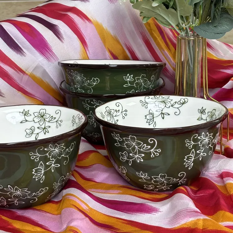 新疆包邮【琉璃绿】新式田园风手绘耐磨耐烫耐高温汤饭碗