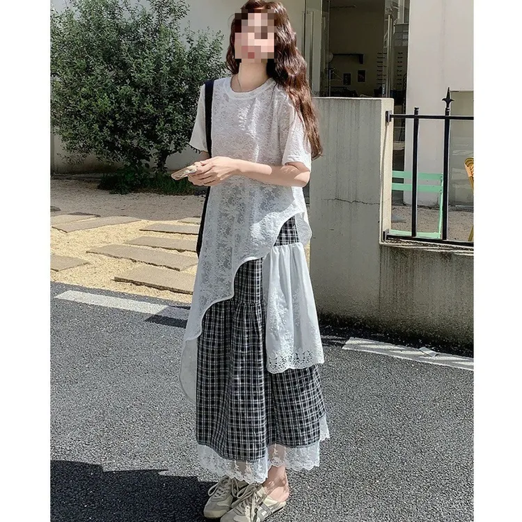 慵懒风绝美叠穿蕾丝连衣裙套装女夏季2025年新款格子半身裙两件套