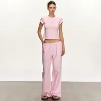 anna aneae粉色短袖套装女慵懒松弛夏装一整套条纹直筒裤子两件套