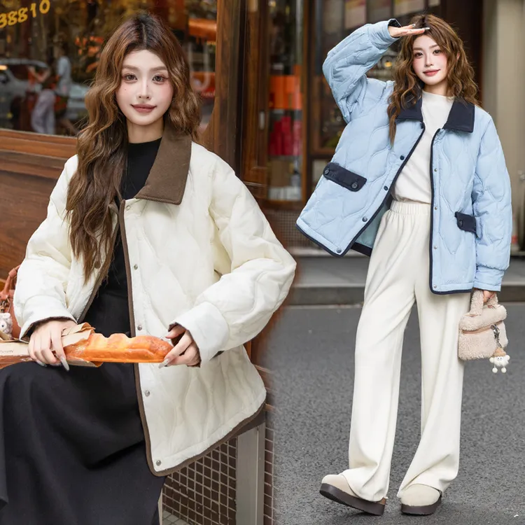 小个子白鸭绒秋冬韩系短款斤胖撞色灯芯绒拼接宽松加大码羽绒服女
