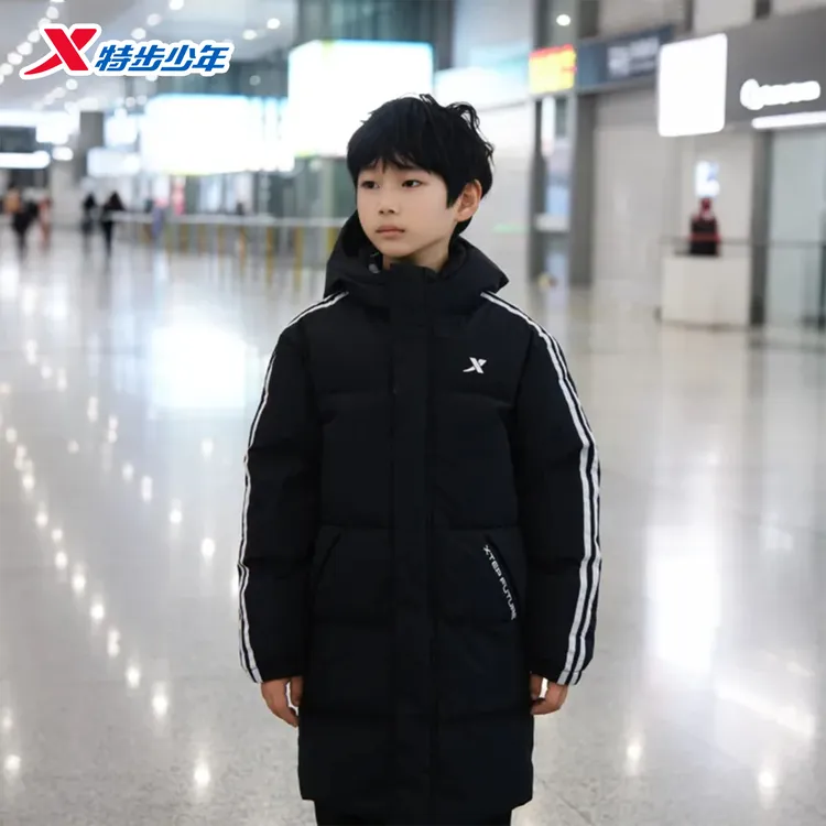 【加厚羽绒服】特步儿童连帽高领中长款运动保暖外套6754261A9027
