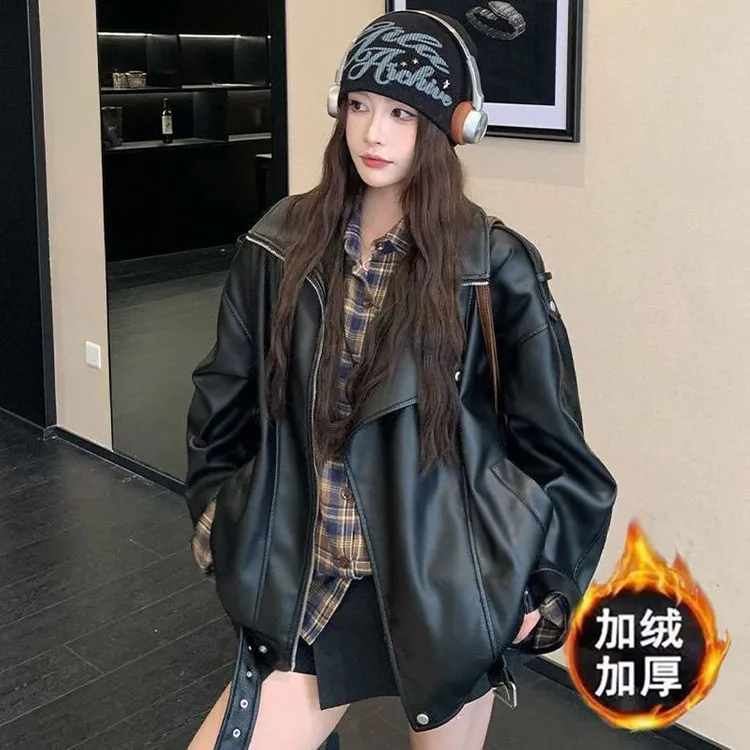 高级感加绒加厚皮衣外套女洋气2025冬季新款宽松复古皮夹克潮2212