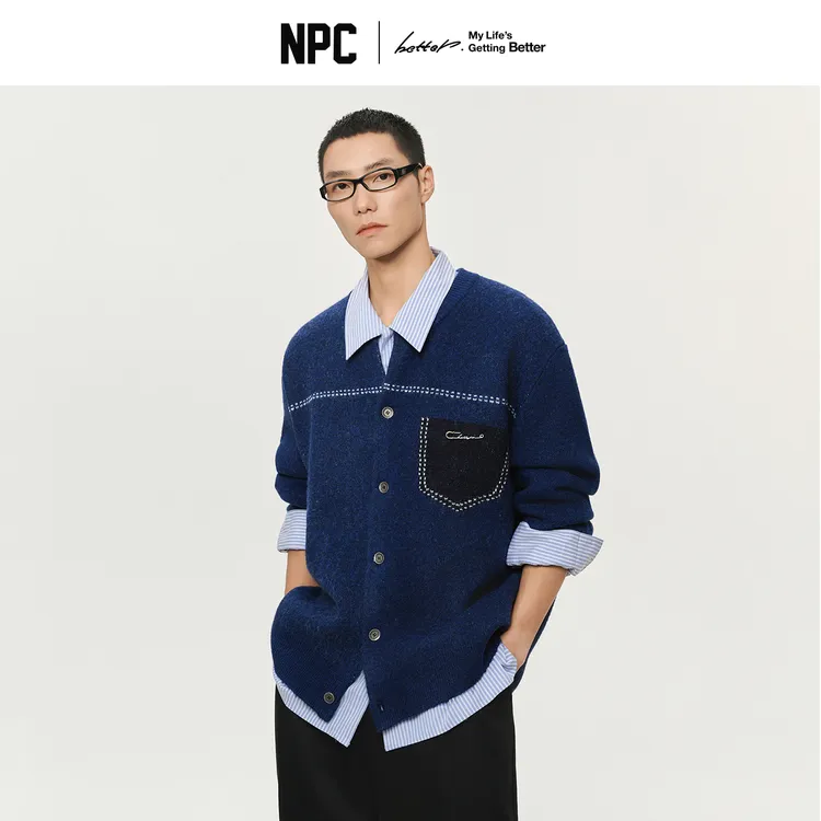 NPC潮牌撞色假口袋双色花纱针织毛衣宽松慵懒落肩复古冬NP5BSW06