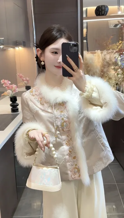 超好看粉色新中式盘扣拼接棉服女秋季国风提花高级感保暖夹棉外套