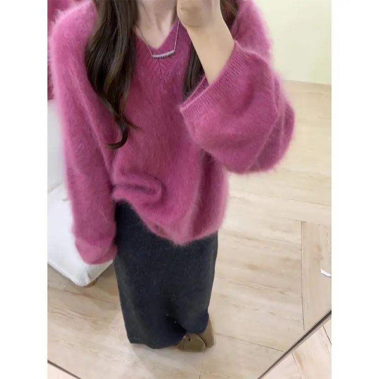 2025秋冬新款法式气质V领宽松毛衣上衣高腰显瘦半身裙