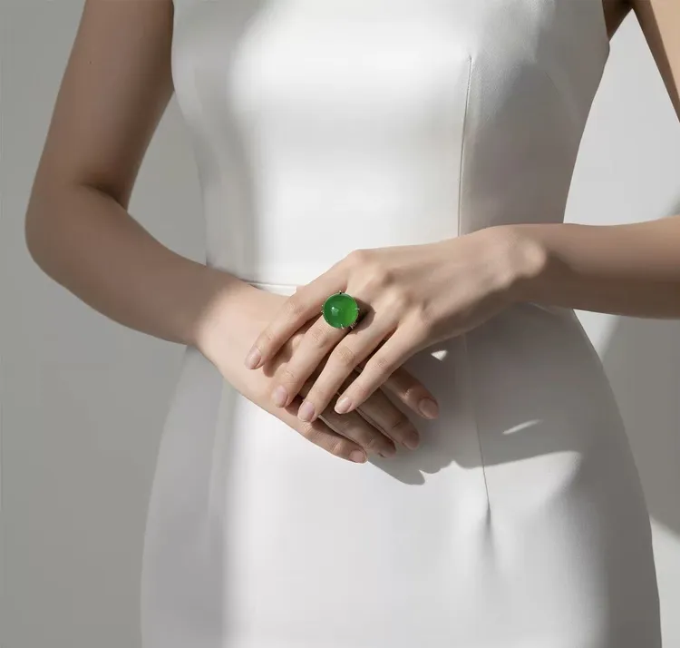 新款真玉珠宝奢华复古玛瑙戒指正品绿玉髓女款戒指戒圈开口戒指环