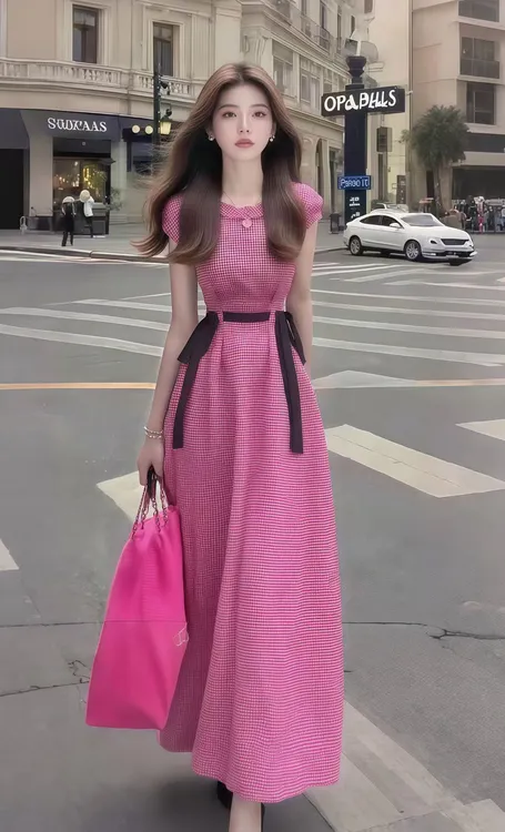 2025夏季新款玫红色格子圆领收腰短袖连衣裙小众时尚气质显瘦长裙