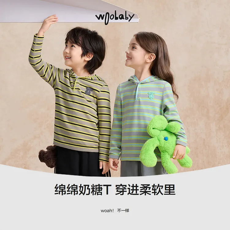 WB【3A抗菌】woobaby儿童长袖T恤男女童25秋磨毛套装