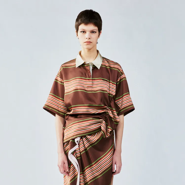 UOOYAA/乌丫「随便穿」缎面抽褶条纹POLO套头衫UL25242Z146144