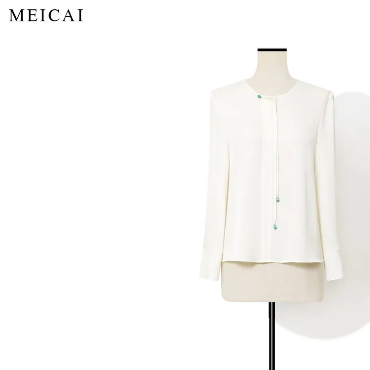 美裁 新款 醋酸高端通勤气质米色衬衫女新中式百搭圆领长袖衬衣