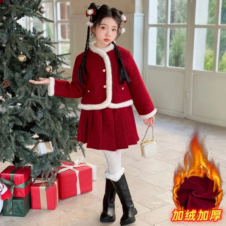 女童小香风套装加绒加厚2025冬季新款大儿童红色外套百褶裙拜年服