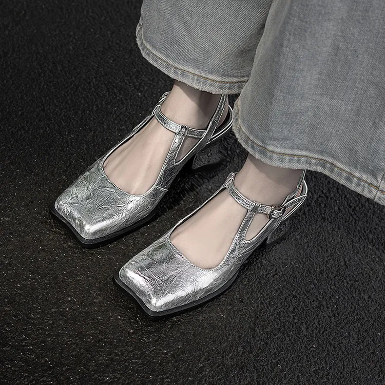 跟高6.5厘米/时尚方头包头凉鞋夏季百搭高跟鞋粗跟浅口轻奢女鞋子