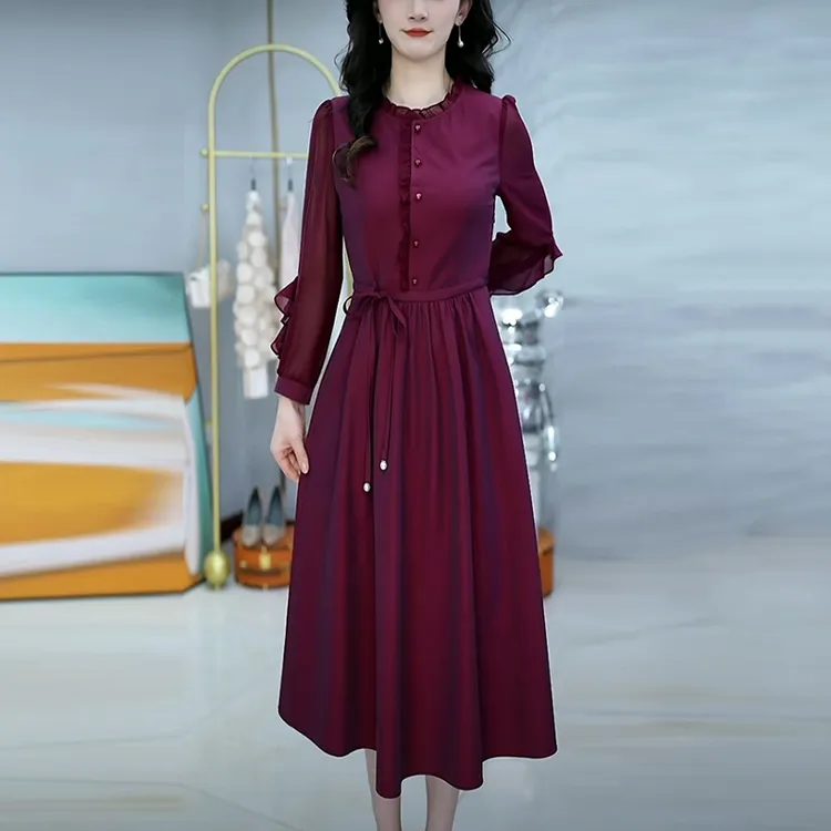 珍珠纱轻奢女装2025春夏季新款时尚气质收腰修身显瘦长袖连衣裙子