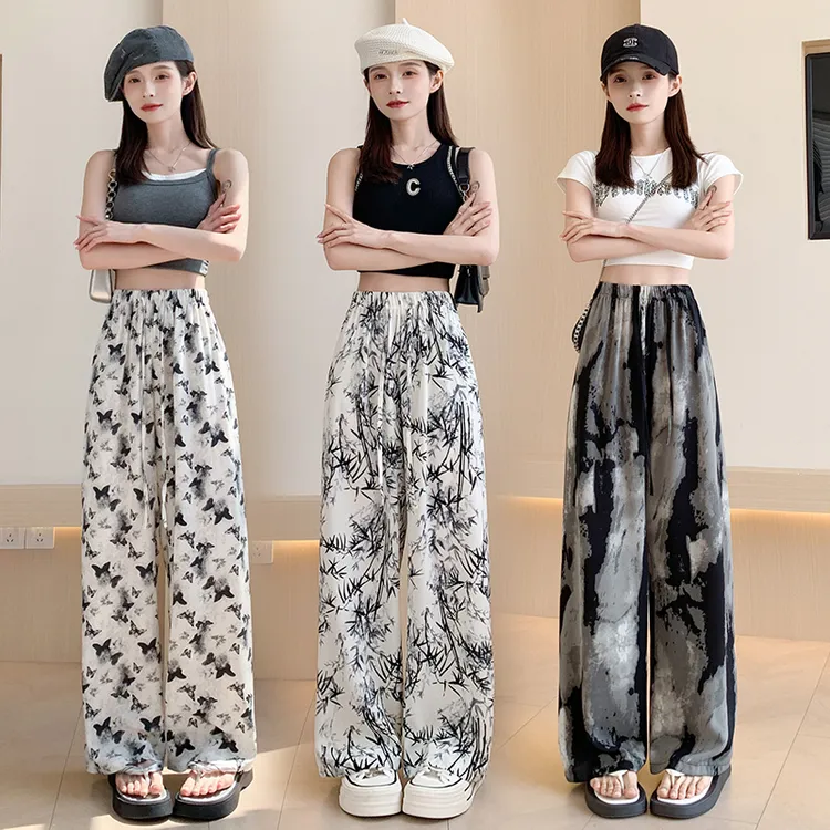 水墨画裤子女2025新款夏季薄款复古国风直筒垂感印花休闲阔腿裤