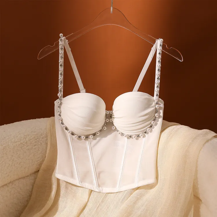 重工珍珠鱼骨胸衣吊带背心女内搭束腰性感修身辣妹高级感抹胸上衣