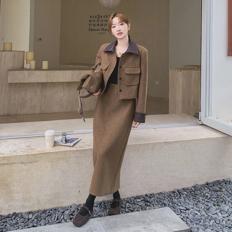 冬季老钱风拼色西装半身裙套装女2025洋气新款秋冬感两件套