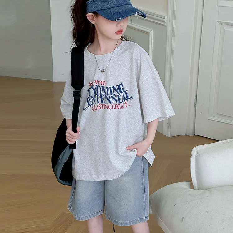 女童夏季韩版短袖套装2025新款中大儿童6-12岁15岁薄款牛仔中裤潮