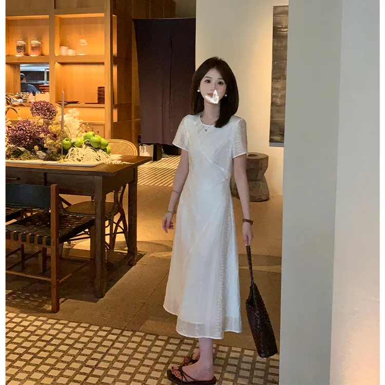 FUGUI RICH小个子短袖连衣裙夏新款设计感拼接条纹纱感法式中长裙