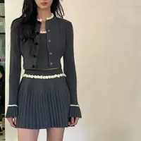 （格雷少女）小花朵绣花拼接灰色针织开衫+半身裙套装裙